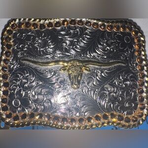 Silver Embossed Belt Buckle w Gold Rhinestones and Longhorn